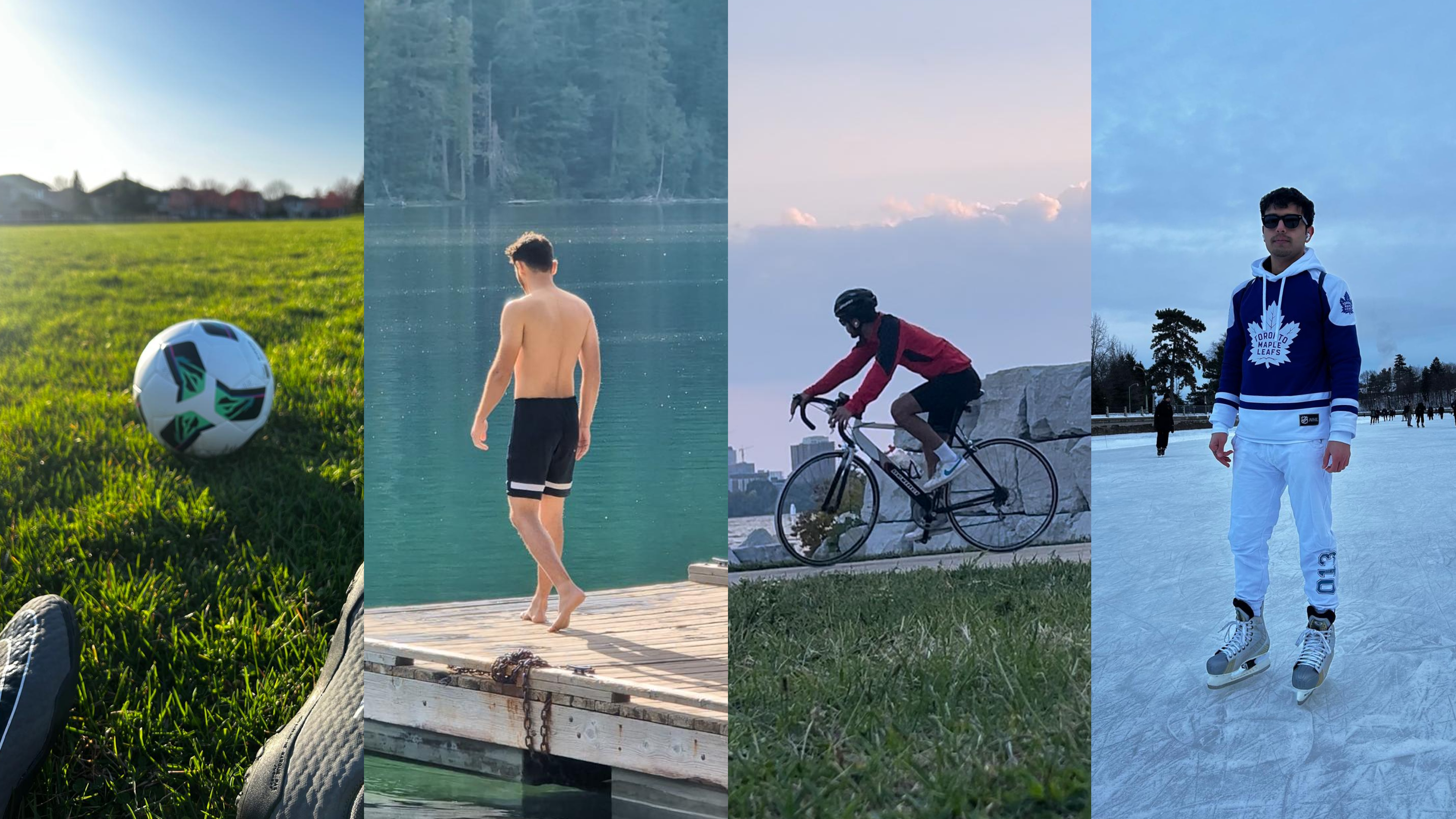 Football, swimming, cycling, ice skating collage